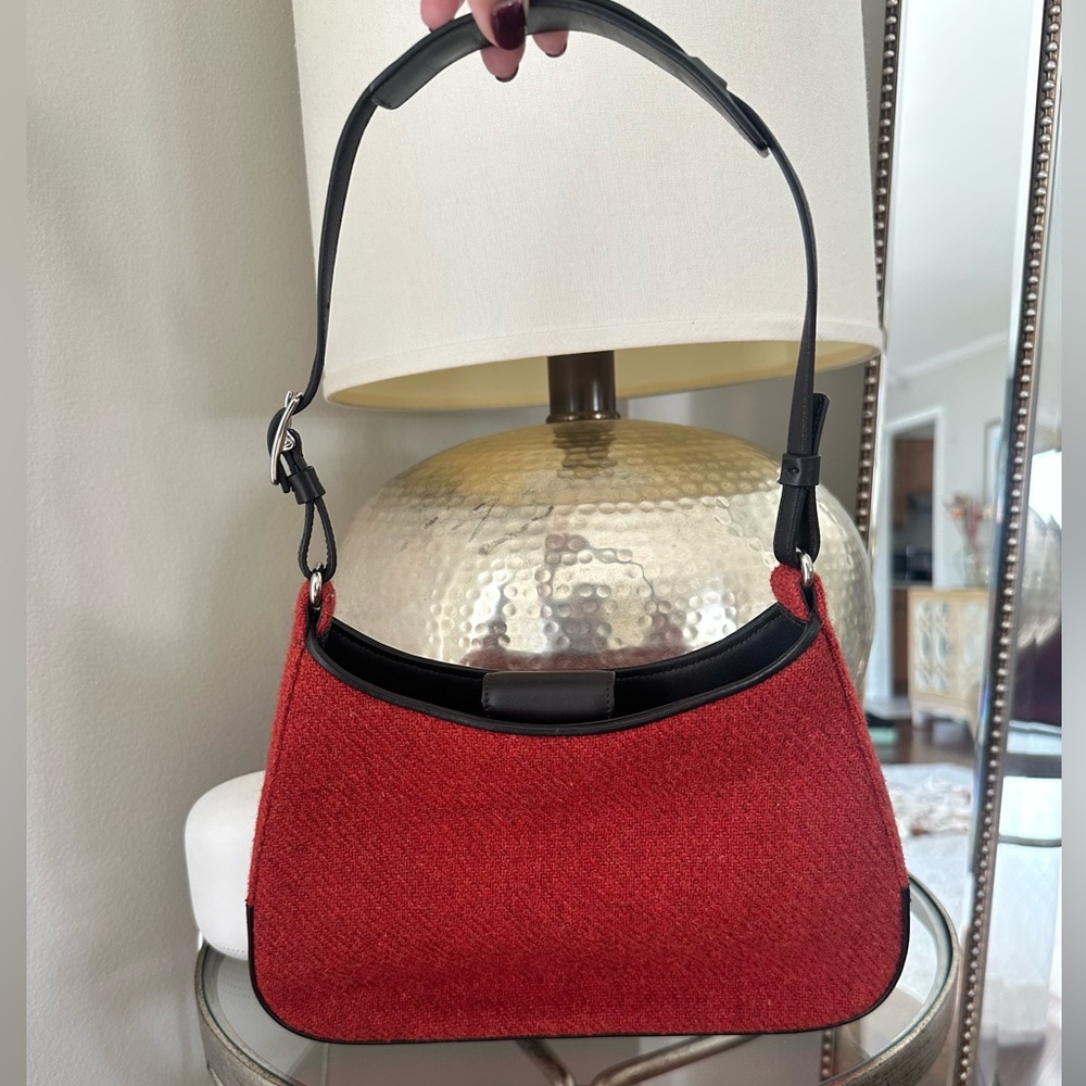 Coach Y2K Vintage Red Orange Tweed Wool Shoulder Bag with Brown Leather Trimming